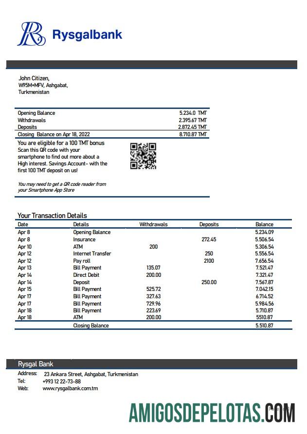 Exemplo de extrato bancário Rysgal do Turcomenistão